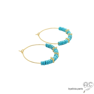 boucles d'oreilles turquoise grandes créoles plaqué or avec pierre turquoise fait main sur mesure