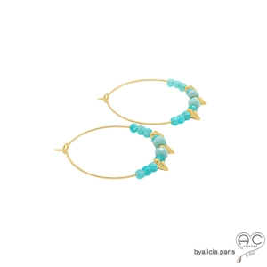 boucles d'oreilles grandes créoles en plaqué or avec pierre amazonite fait main sur mesure