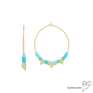 Créoles amazonite et pointes en plaqué or, boucles d'oreilles, pierre fine, fait main, création by Alicia