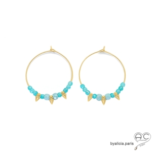créoles grandes boucles d'oreilles en plaqué or et pierre naturelle amazonite