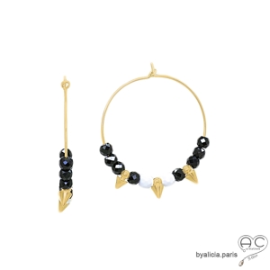 grandes créoles en plaqué or avec spinelle noir et agate blanche, boucles d'oreilles en pierres naturelles