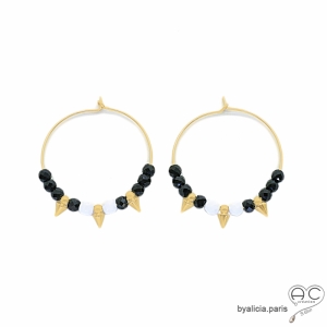 créoles femme en plaqué or avec pierres naturelles noires et blanches réalisées à la main