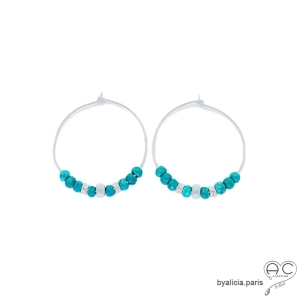 créoles en argent massif 925 avec turquoise reconstituée, boucles d'oreilles pierre naturelle femme
