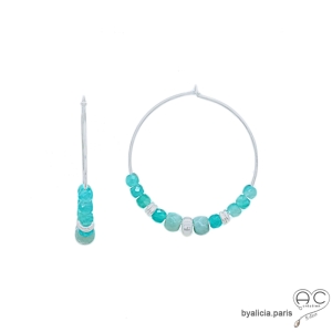 créoles en argent massif 925 avec amazonite, boucles d'oreilles en pierre naturelle tendance femme
