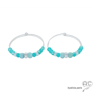 boucles d'oreilles grandes créoles en argent avec pierre amazonite réalisées à la main