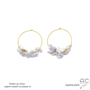 boucles d'oreilles créoles en plaqué or ou en argent avec perles blanches fait main sur mesure