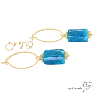 Boucles d'oreilles pendantes en apatite et plaqué or 750 3MIC, pierre naturelle bleue azur forme baroque