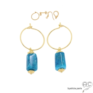boucles d'oreilles en plaqué or et pierre semi-précieuse apatite réalisées à la main en France