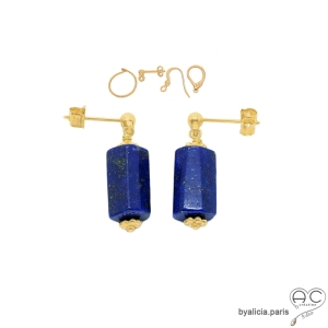 boucles d'oreilles en plaqué or et pierre semi-précieuse lapis-lazuli réalisées à la main en France