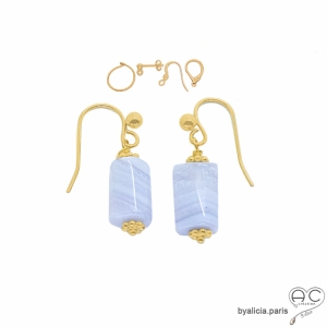boucles d'oreilles en plaqué or et pierre semi-précieuse calcédoine bleue réalisées à la main