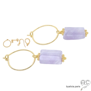 Boucles d'oreilles pendantes en améthyste lavande et plaqué or 750 3MIC, pierre naturelle violette