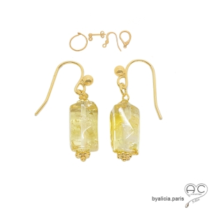 boucles d'oreilles en plaqué or et pierre semi-précieuse jaune citrine réalisées à la main