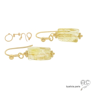 Boucles d'oreilles pendantes femme en citrine et plaqué or 750 3MIC, pierre naturelle jaune
