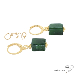Boucles d'oreilles pendantes en jade et plaqué or 750 3MIC, pierre naturelle verte