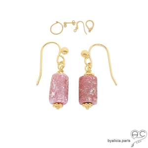 boucles d'oreilles en plaqué or et pierre semi-précieuse rose rhodochrosite réalisées à la main