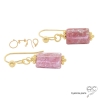 Boucles d'oreilles pendantes en rhodochrosite et plaqué or 750 3MIC, pierre naturelle rose fait main