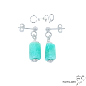 boucles d'oreillas en argent massif et pierre semi-précieuse amazonite réalisées à la main sur mesure