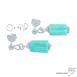 Boucles d'oreilles pendantes en amazonite et argent massif, pierre naturelle vert d'eau