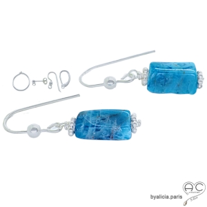 Boucles d'oreilles pendantes en apatite et argent massif, pierre naturelle bleue azur fait sur mesure