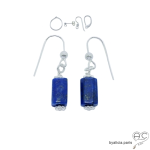 boucles d'oreilles en argent massif 925 et pierre semi-précieuse lapis-lazuli réalisées à la main en France