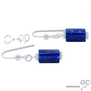 Boucles d'oreilles pendantes en lapis-lazuli et argent massif, pierre naturelle bleue nuit, pendantes femme