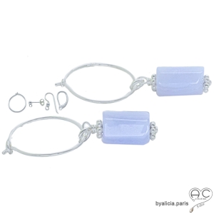 Boucles d'oreilles femme bleu clair pendantes en calcédoine bleue et argent massif, pierre naturelle