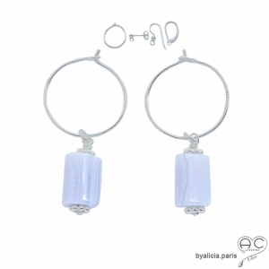 boucles d'oreilles en argent massif et pierre semi-précieuse calcédoine bleue pendantes réalisées à la main en France
