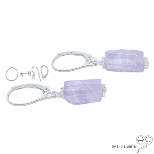 Boucles d'oreilles pendantes en améthyste lavande et argent massif, pierre naturelle violette, fait main en France
