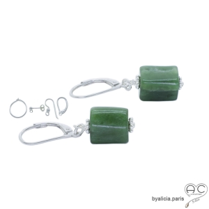 Boucles d'oreilles pendantes en jade et argent massif, pierre naturelle verte, fait main sur mesure