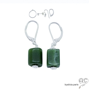 boucles d'oreilles en argent massif 925 et pierre semi-précieuse jade, pendantes femme vertes
