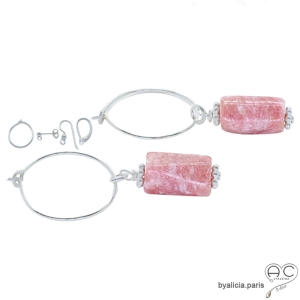 Boucles d'oreilles roses femme pendantes en rhodochrosite et argent massif, pierre naturelle rose