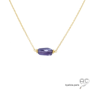 collier fin en améthyste et plaqué or, ras de cou, choker en pierre semi-précieuse violette