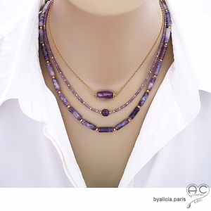 collier res de cou violet femme en pierre semi-précieuse améthyste et plaqué or fait main sur mesure en France