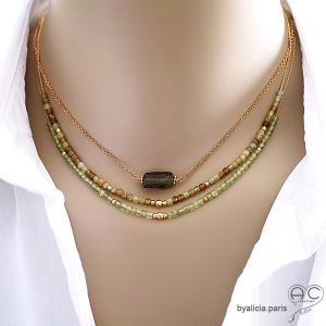 bijoux créateur collier ras de cou choker pour femme en pierres naturelles vertes et plaqué or fait  main en France