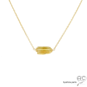 collier fin en citrine et plaqué or, ras de cou, choker en pierre semi-précieuse jaune réalisé à la main en France