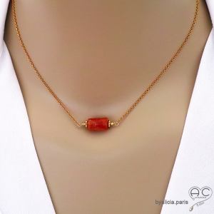 collier fin en cornaline et plaqué or, ras de cou, choker en pierre semi-précieuse orange réalisé à la main