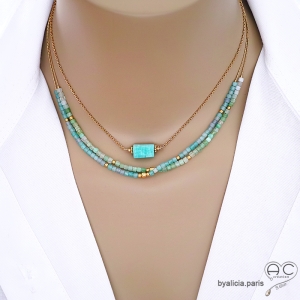 bijoux créateur collier ras de cou choker pour femme en pierre amazonite et plaqué or réalisé à la main en France