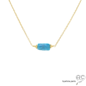 collier fin en apatite et plaqué or, ras de cou, choker en pierre semi-précieuse bleue azur