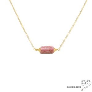 collier fin en rhodochrosite et plaqué or, ras de cou, choker en pierre semi-précieuse rose fait main sur mesure