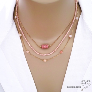 bijoux créateur collier ras de cou choker en pierre naturelle rose et plaqué or fabriqué à la main en France