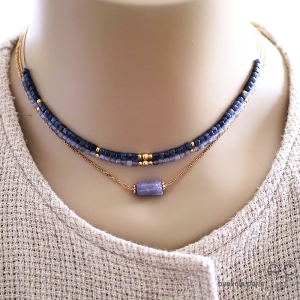 bijoux collier ras de cou choker créateur en pierre naturelle bleue tanzanite et plaqué or
