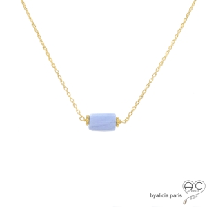 collier fin en calcédoine bleue et plaqué or, ras de cou, choker en pierre semi-précieuse bleue lavande, fait main sur mesure