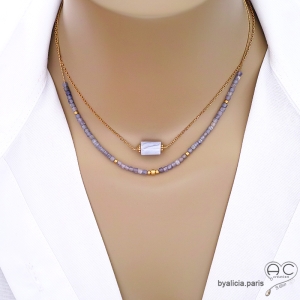 bijoux collier ras de cou choker créateur en pierre naturelle calcédoine bleue et plaqué or