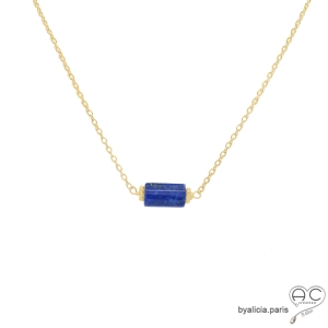 collier fin en lapis-lazuli et plaqué or, ras de cou, choker en pierre semi-précieuse bleu roi fait main