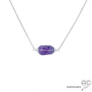 collier fin en améthyste et argent massif, ras de cou, choker en pierre semi-précieuse violette
