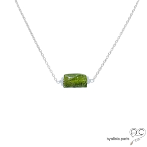 collier fin en grena vert et argent massif, ras de cou, choker en pierre semi-précieuse verte fait main en France
