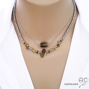 bijoux créateur collier ras du cou choker femme en pierre naturelle grena verte et argent