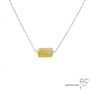 collier fin en citrine et argent massif, ras de cou, choker en pierre semi-précieuse jaune