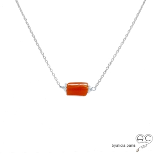 collier fin en cornaline et argent massif, ras de cou, choker en pierre semi-précieuse orange