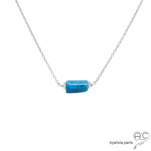 collier fin en apatite et argent massif, ras de cou, choker en pierre semi-précieuse bleu azur